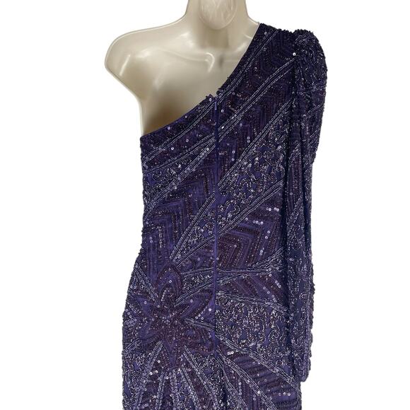 Mac Duggal Beaded One Shoulder Evening Gown Aubergine 5649 Size 6 - Picture 10 of 13